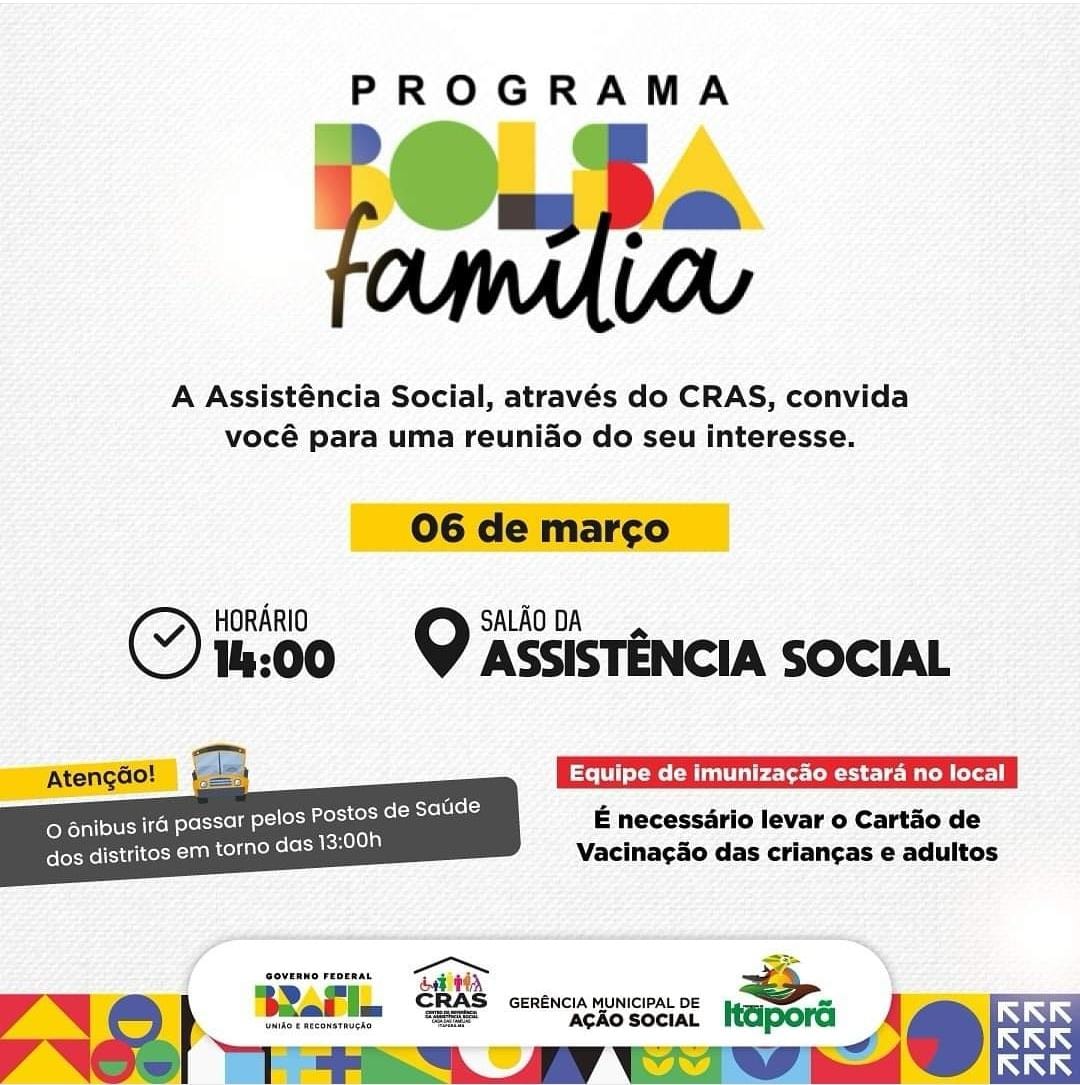 Atenção! beneficiários do Programa Bolsa Família haverá reunião em Itaporã