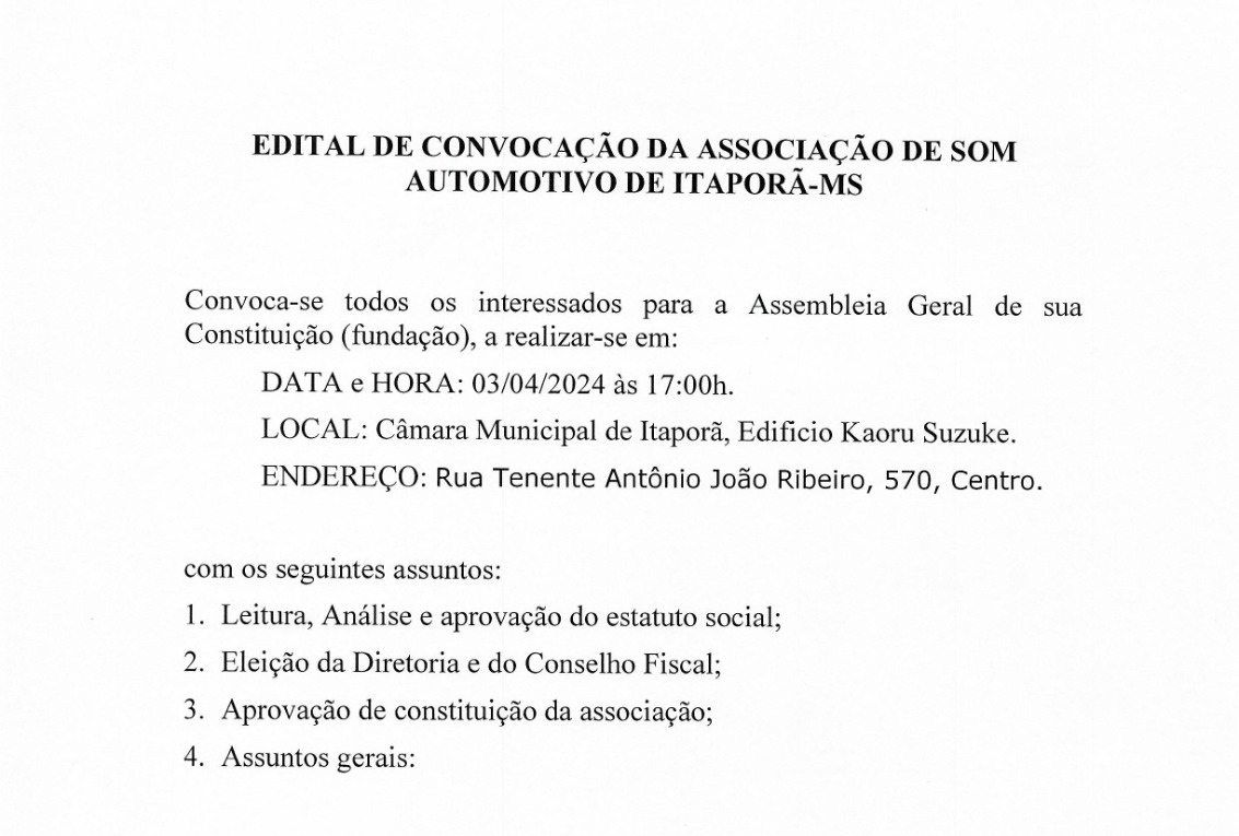 Associação de Som Automotivo de Itaporã faz convocação para Assembleia Geral