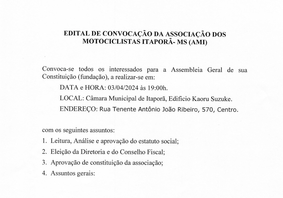 Associação dos Motociclistas de Itaporã faz convocação para Assembleia Geral