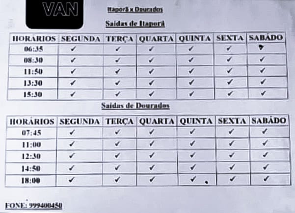 Horários dos transportes ônibus/van de Itaporã para Dourados