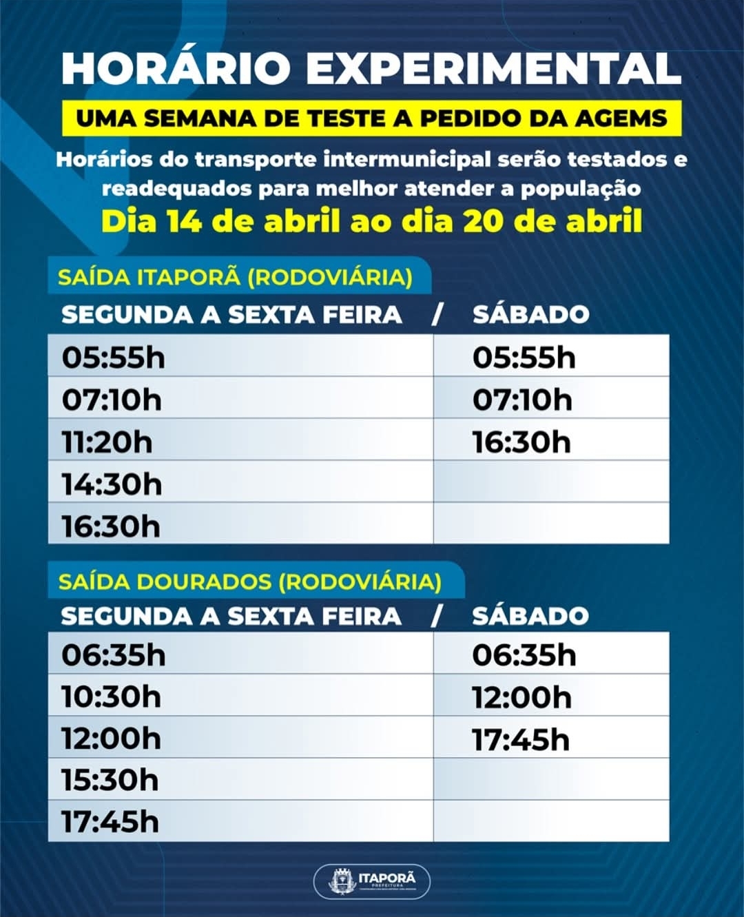 Horário experimental de transporte intermunicipal Itaporã/Dourados começa nesta segunda