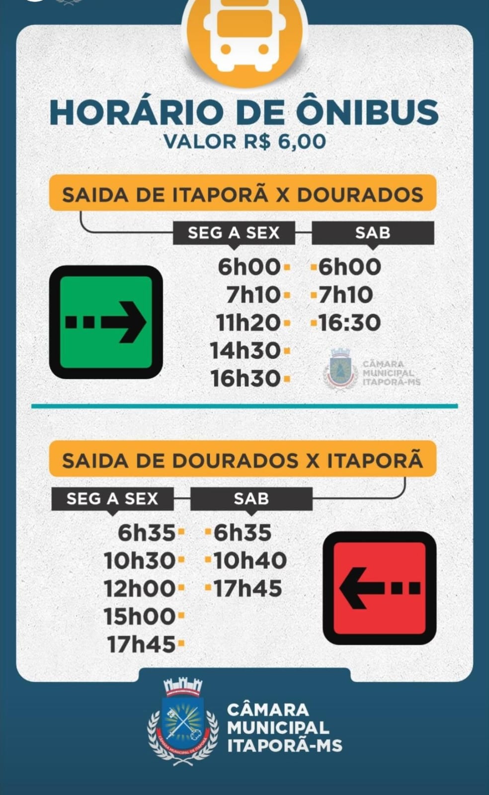 Câmara Municipal de Itaporã divulga horário atual de ônibus intermunicipal Itaporã/Dourados