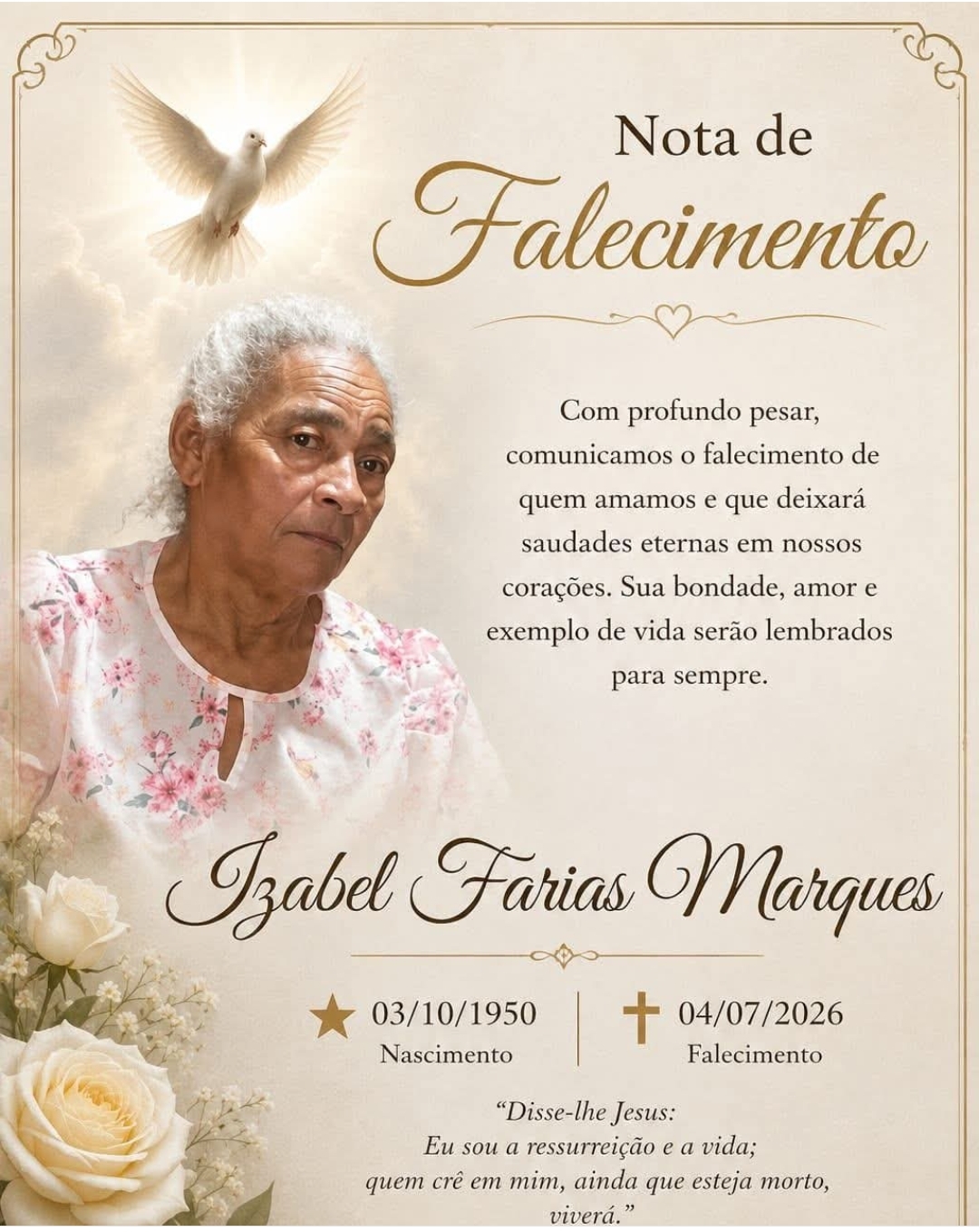 Noticiamos com pesar o falecimento da senhora Izabel Farias Marques
