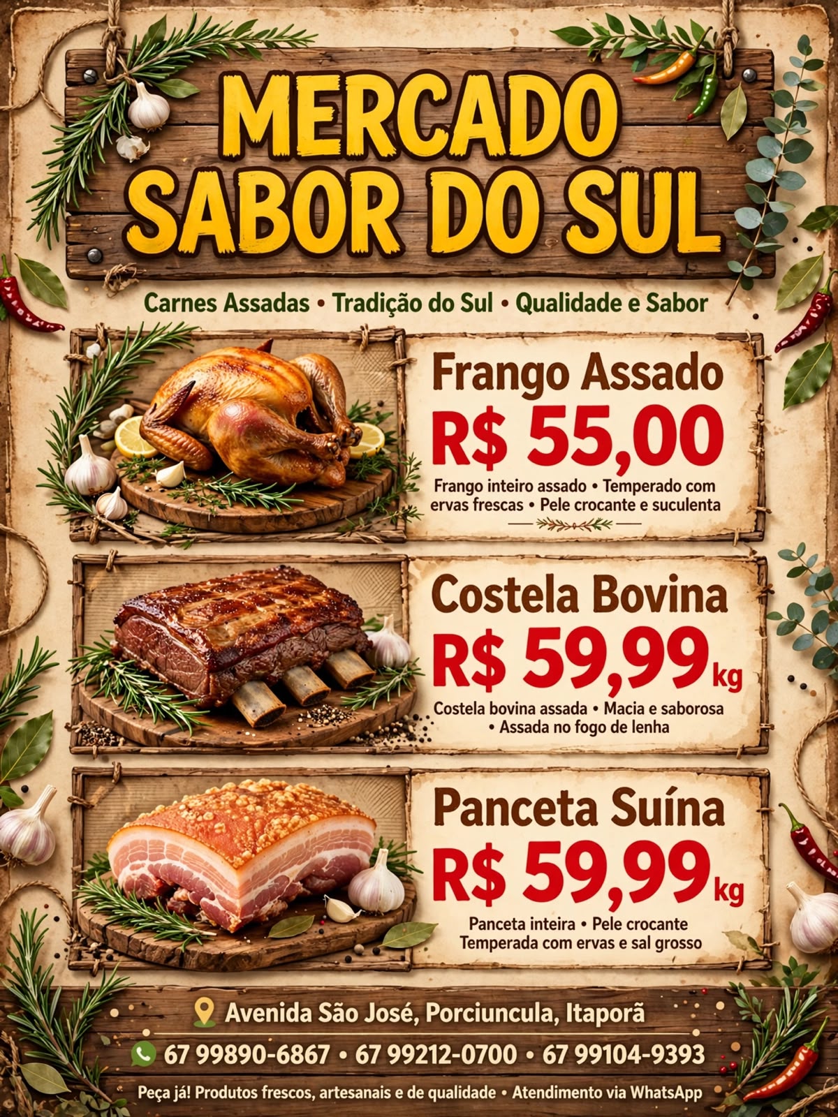 Itaporã: Domingo é dia de frango assado e carne assada do Mercado Sabor do Sul