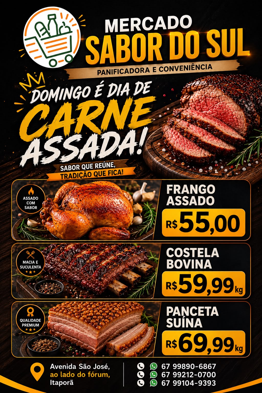Itaporã: Domingo é dia de frango assado e carne assada do Mercado Sabor do Sul