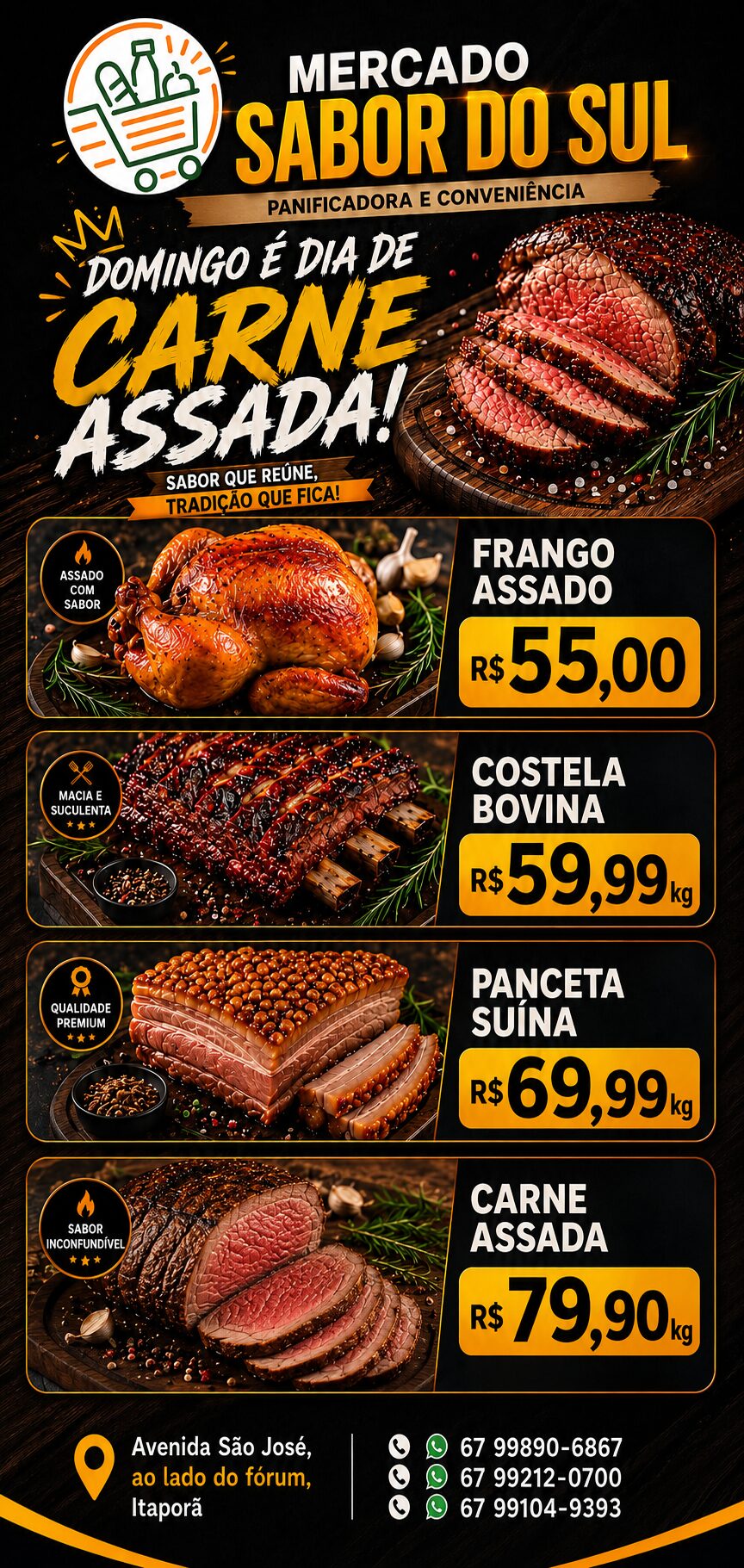 Itaporã: Domingo é dia de frango assado e carne assada do Mercado Sabor do Sul