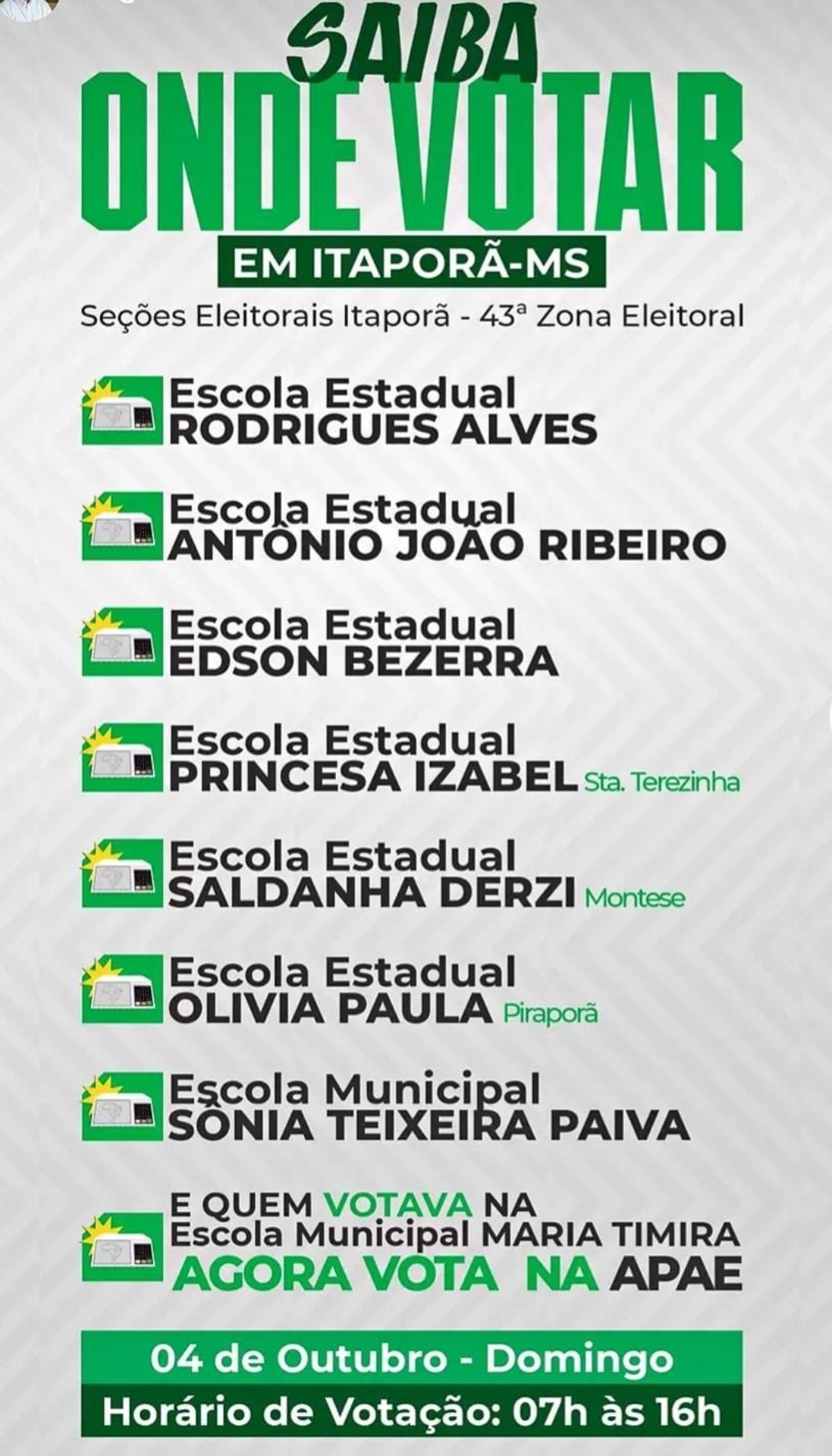 Confira os locais de votação e as seções eleitorais de Itaporã