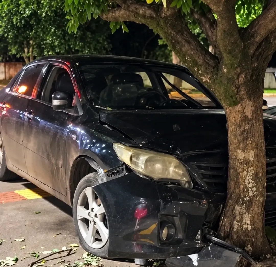 Itaporã: carro bate contra árvore após motorista perder o controle no centro